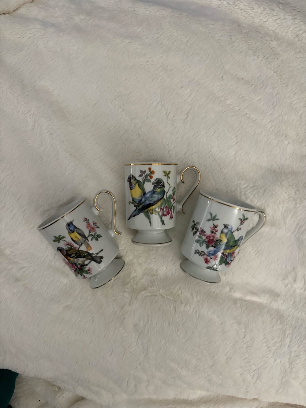 Vintage royal crown chinaThree Porcelain Pedestal Mugs with Bird & Floral Design